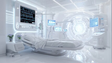 A futuristic, sterile hospital room featuring advanced medical equipment, a monitor displaying data, and a neatly arranged bed in a bright, white environment.