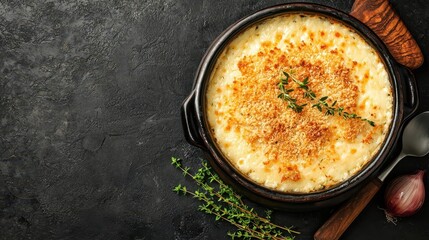 Creamy cheese and onion gratin in a rustic baking dish, topped with golden breadcrumbs and fresh thyme