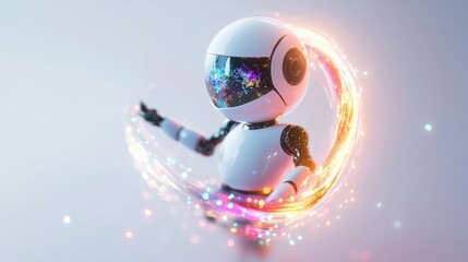A creative 3D chatbot projecting image designs into a glowing arc, symbolizing artistic variation, isolated on white