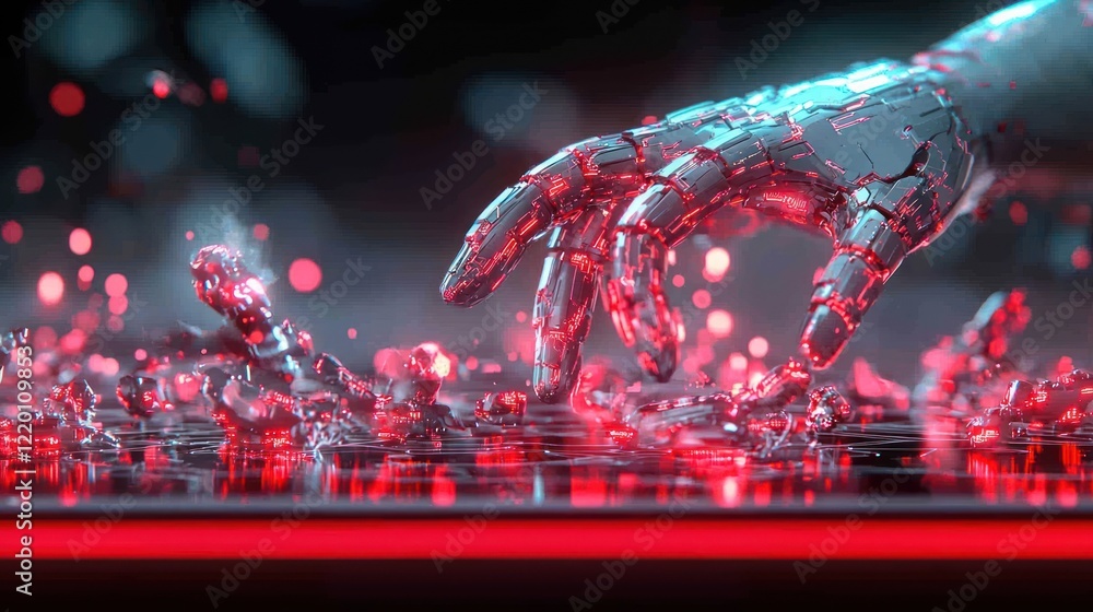 Poster a robotic hand reaches toward a shimmering surface, creating a vivid interplay of red and blue light