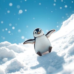 The little penguin is sliding down a snowy hill, its flippers flapping in the air.