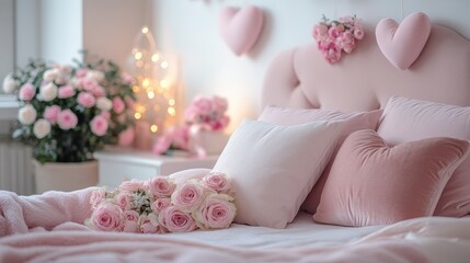 cozy and elegant pink bedroom for Valentine's Day, with heart-shaped decorations, pink velvet pillows, and delicate floral arrangements.