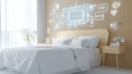 A modern bedroom with a minimalist design, featuring a wooden accent wall and illuminated icons for technology and comfort.