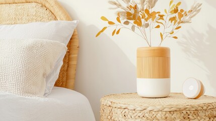 A cozy bedroom corner featuring a textured pillow, a woven bedside table, and a stylish vase with dried flowers, enhancing the serene aesthetic.