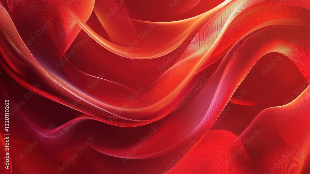 Poster dynamic red background with smooth, curving patterns and soft, floating hearts