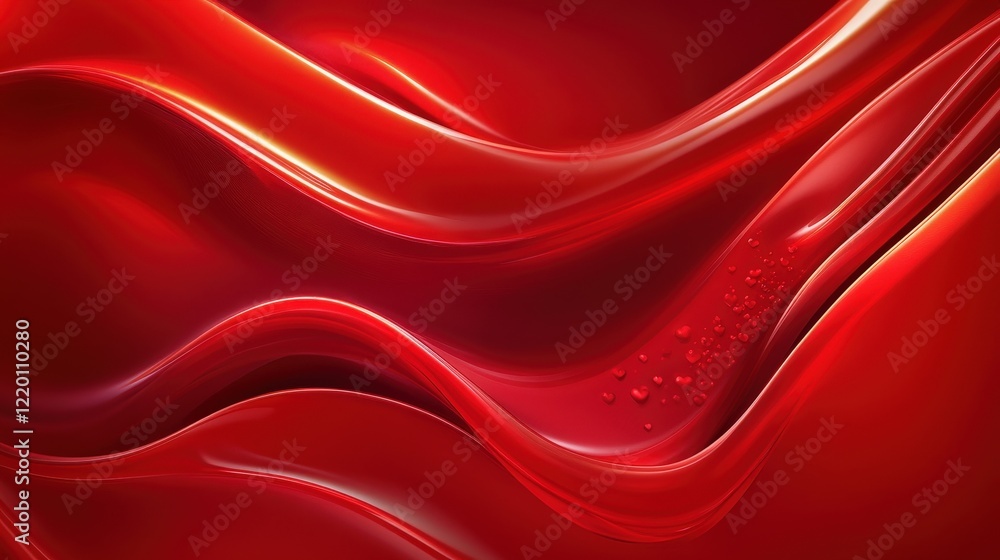 Poster dynamic red background with smooth, curving patterns and soft, floating hearts