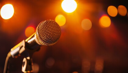 Stage microphone in orange light with blurred club background オレンジライトに照らされた舞台マイクとクラブの背景

