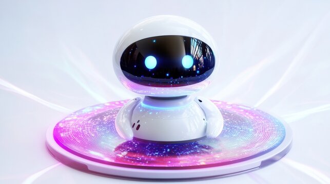 A dynamic 3D chatbot projecting holographic image variations into a circular layout, surrounded by glowing digital effects, isolated on white