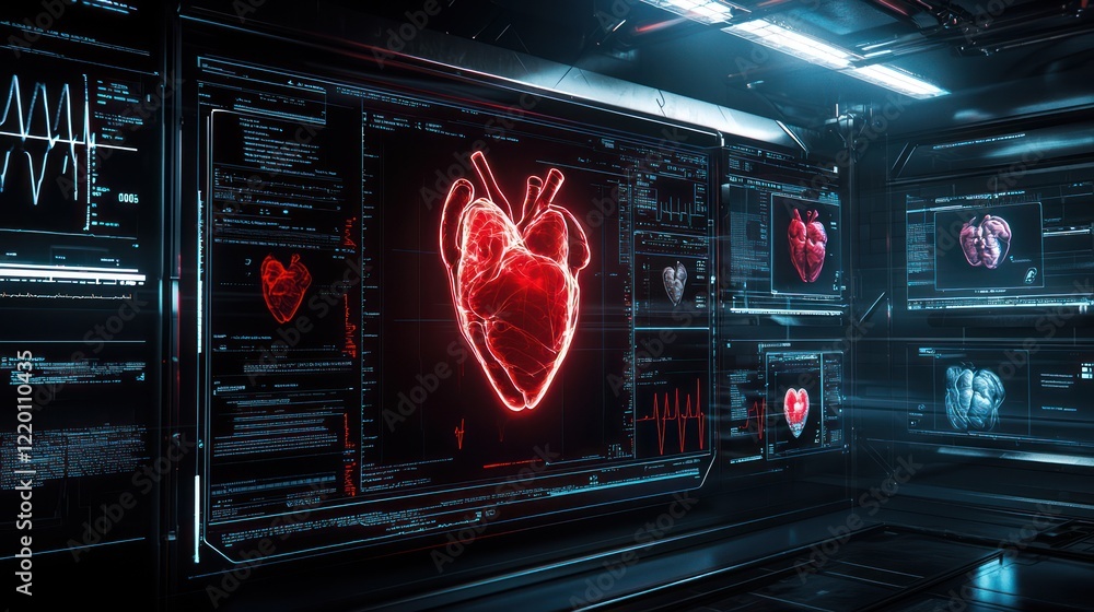 Poster a futuristic display featuring glowing red heart graphics against a high-tech backdrop, suggesting t