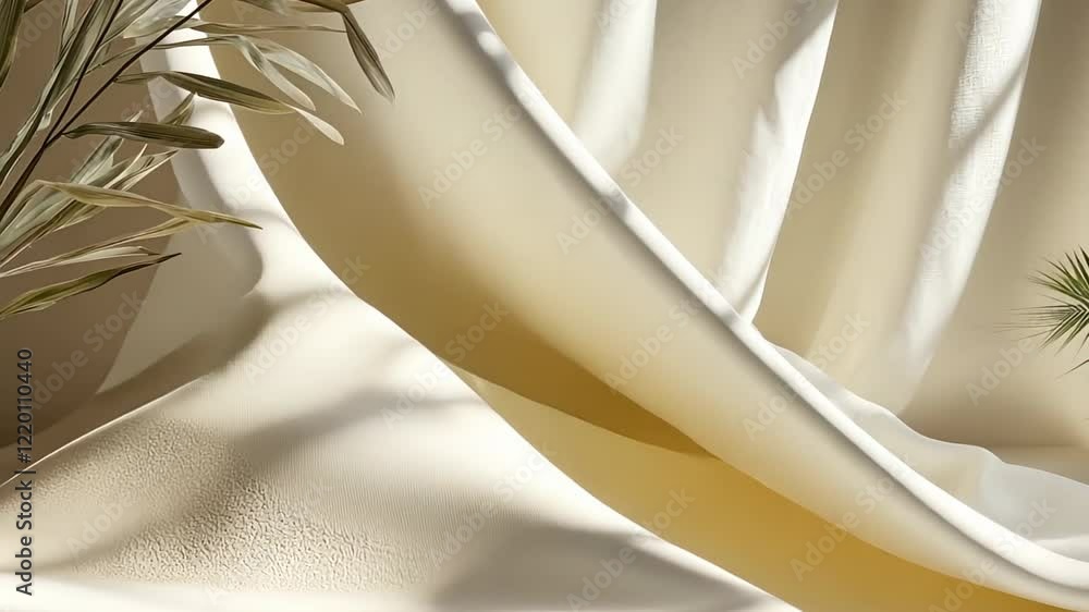 Poster soft, flowing fabrics interact with warm sunlight to create an inviting, serene atmosphere in a tran