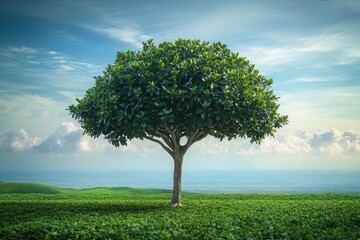 A solitary tree with a sturdy trunk and lush foliage, standing proud amidst a green expanse under an open sky, where the horizon stretches far and wide, giving a sense of peace.