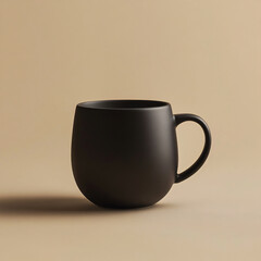 A porcelain ceramic Black Mug isolated on a Pastel Beige Gold Background, showcasing beverages concept, minimalism style