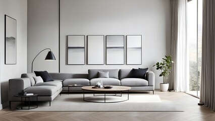 Modern gray sectional sofa with black accents in a minimalist living room featuring artwork and large windows.