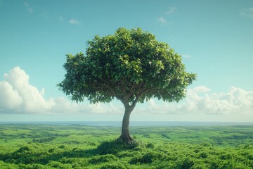 Obraz premium A solitary tree with a sturdy trunk and lush foliage, standing proud amidst a green expanse under an open sky, where the horizon stretches far and wide, giving a sense of peace.