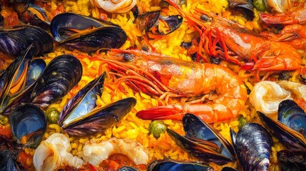Traditional Spanish paella with seafood and saffron. Featuring a vibrant and flavorful dish. Highlighting the texture and flavors of the paella. Ideal for food and cultural themes.