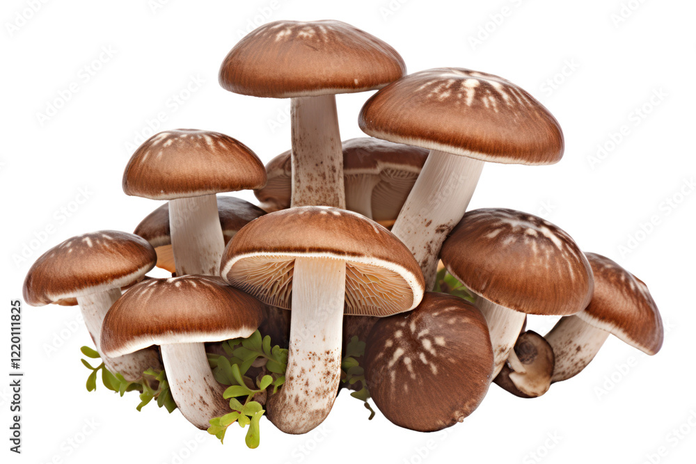 Poster a close-up of shiitake mushrooms, emphasizing the unique texture of the cap and stem, with droplets 