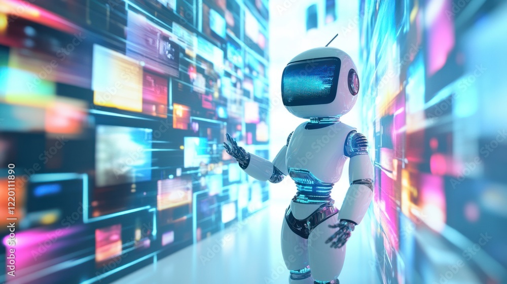 Poster a futuristic 3d chatbot surrounded by artistic holographic image tiles in a dynamic display, creatin