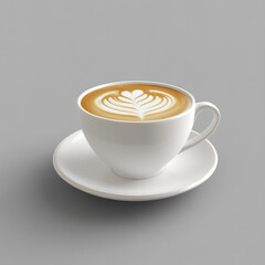 Fototapeta premium A white cup of latte coffee on a matching saucer, isolated on gray background