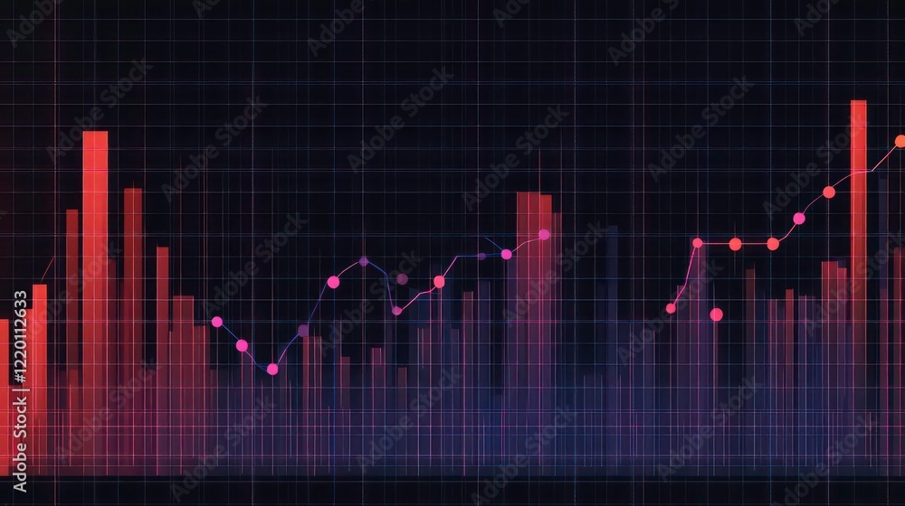Poster abstract financial graph showing growth and decline with red and purple bars and dots on a dark grid