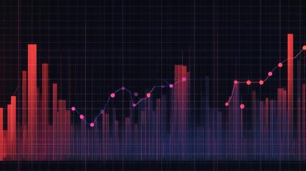Abstract financial graph showing growth and decline with red and purple bars and dots on a dark grid background.