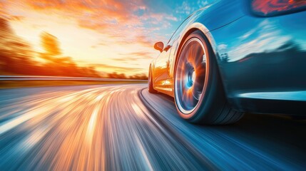 Sunset Speed: A Fast Car's Journey Through a Vibrant Landscape