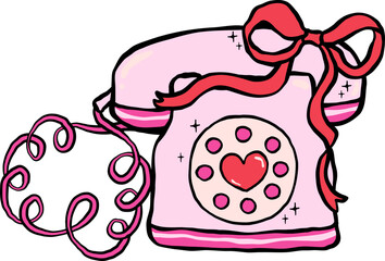 Cute Retro Rotary Phone with Heart Cord Valentine Hand Drawn