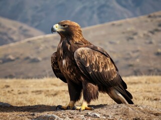 Fototapeta premium Golden Eagle With its golden-brown plumage and sharp eyes, the Golden Eagle is one of the most iconic and widespread raptors, often seen soaring gracefully over mountains and plains. Full body 
