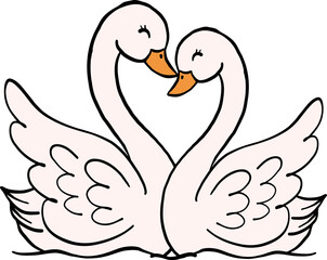 Retro Love Swans with Red Bow in love Doodle Hand Drawn