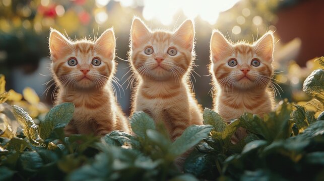 Three ginger kittens garden sunset backlight cute