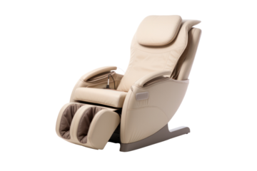 A reclining chair with built-in heating and massage functions, upholstered in soft beige fabric. The chair has a wide, inviting seat and a high back