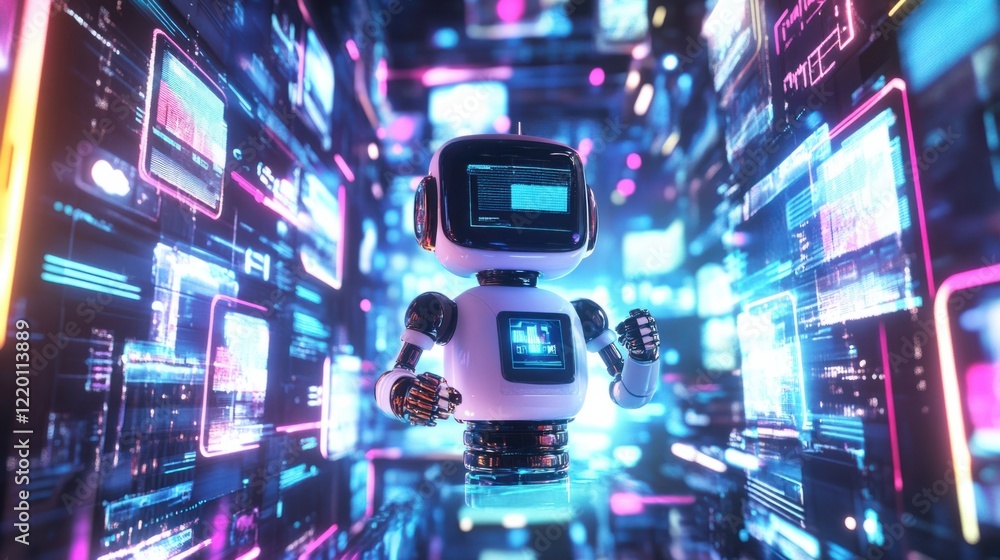 Poster a futuristic 3d chatbot surrounded by image versions in vivid colors, displayed on a glowing digital