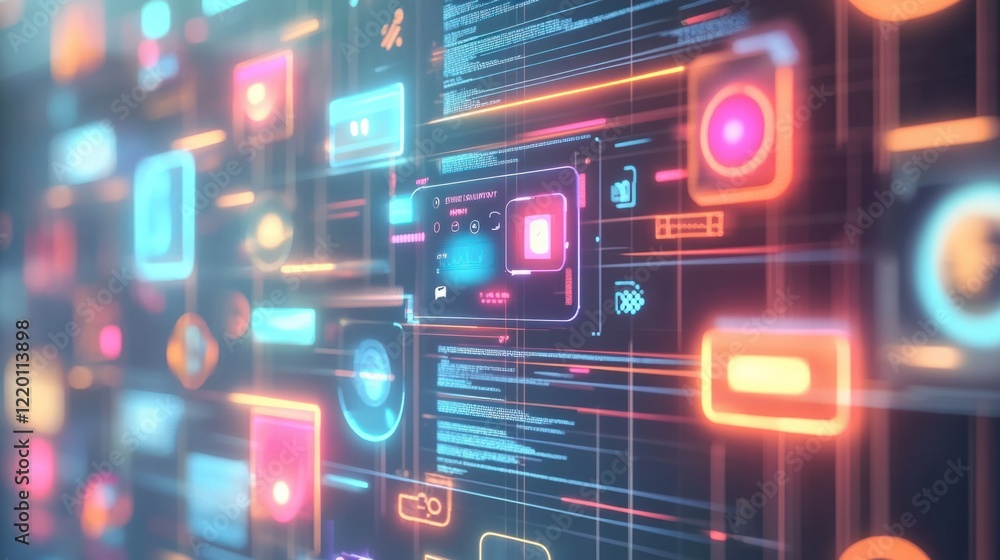 Poster a futuristic chatbot surrounded by holographic floating images, each in a different design style, gl
