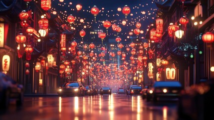Obraz premium image of a bustling street decorated with rows of red lanterns during the Chinese New Year,