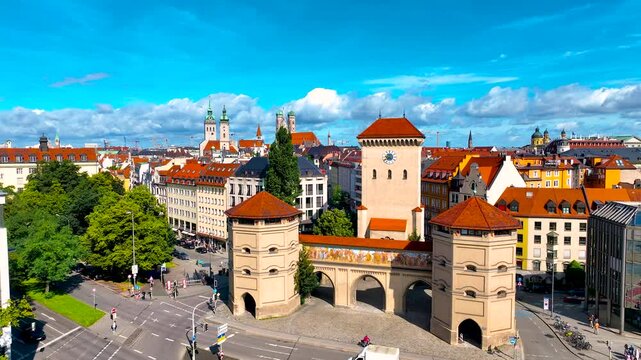 Aerial view of central Munich and Isartor, the one of four main gates of the medieval city wall, Germany, Europe