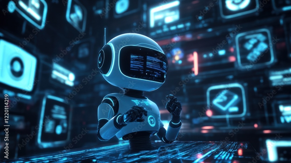 Aufkleber a futuristic chatbot surrounded by holographic floating images, each in a different design style, gl