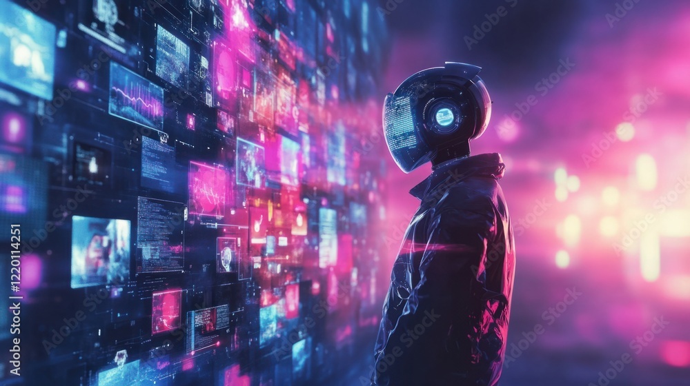 Aufkleber a futuristic chatbot surrounded by holographic floating images, each in a different design style, gl