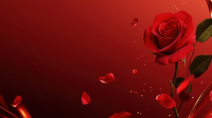 image of a stunning red rose with soft petals placed gracefully on a luxurious red background, embodying romance, beauty, and the warmth of Valentine's Day