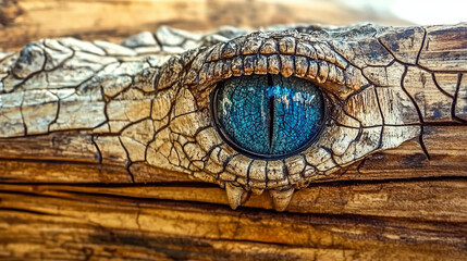 realistic wooden crocodile eye sculpture with intricate carved detailing in close-up highlighting blue hue and textured animal art in aged wood carving craftsmanship