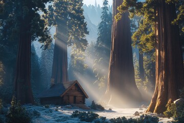 A striking landscape featuring a log cabin in a clearing surrounded by massive giant sequoia trees, with mist rolling in and sunlight breaking through the branches, creating a mystical feel.