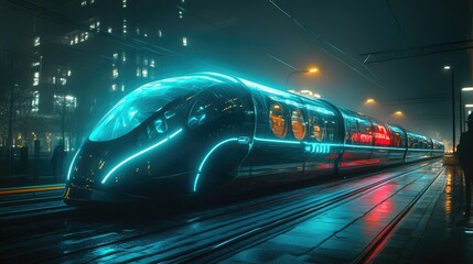 Fototapeta premium Futuristic Neon Train in City at Night