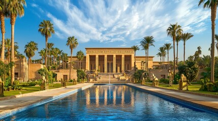 Fototapeta premium Serene Landscape of Ancient Egyptian Temple Surrounded by Palm Trees