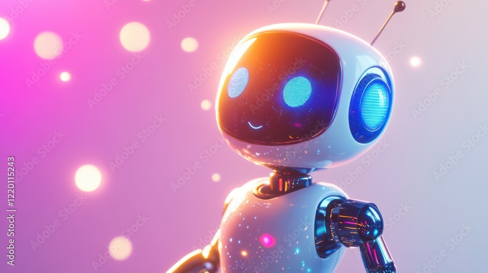Poster a glowing 3d chatbot projecting holographic image variations into the air, with dynamic light effect