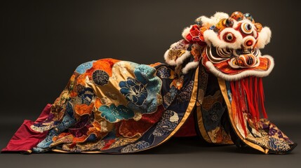 cultural richness of Chinese New Year with a lion costume featuring vibrant hues, detailed embroidery, and symbolic motifs of prosperity