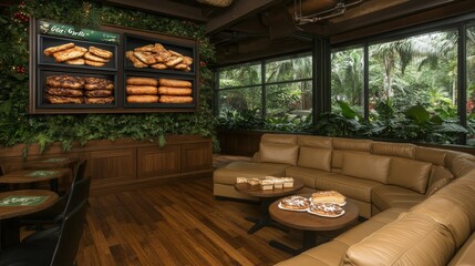Fototapeta premium Cozy Lounge with Pastry Display and Tropical View