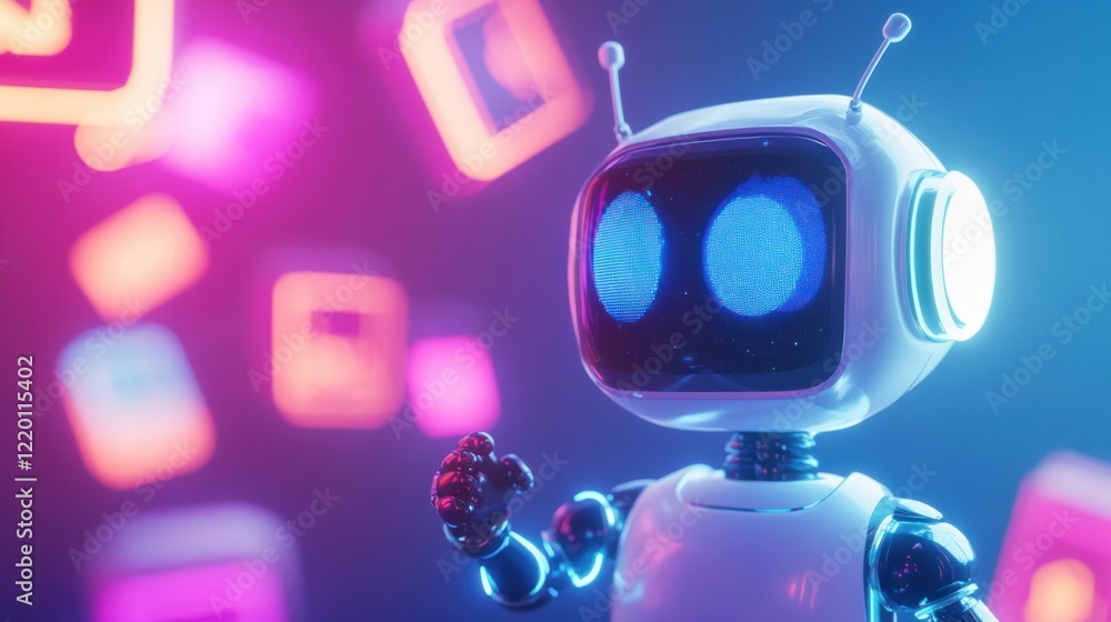 Aufkleber a glowing 3d chatbot projecting holographic image variations into the air, with dynamic light effect