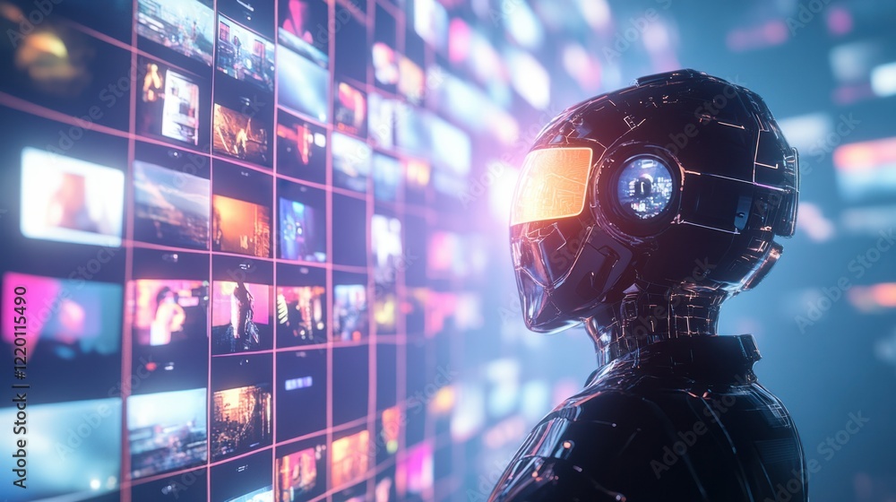 Poster a glowing 3d chatbot surrounded by a grid of holographic image thumbnails, creating an immersive cre