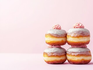 Fototapeta premium Four delicious donuts stacked on a soft pink background. Delicious gourmet snack.
