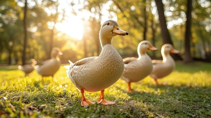 Obraz premium Golden Hour Ducks in a Park
