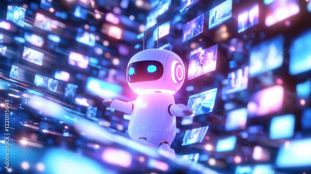 Poster a glowing 3d chatbot surrounded by a grid of holographic image thumbnails, creating an immersive cre