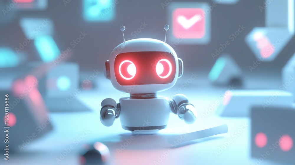 Poster a glowing 3d chatbot surrounded by creative image variations, floating in a futuristic and minimalis